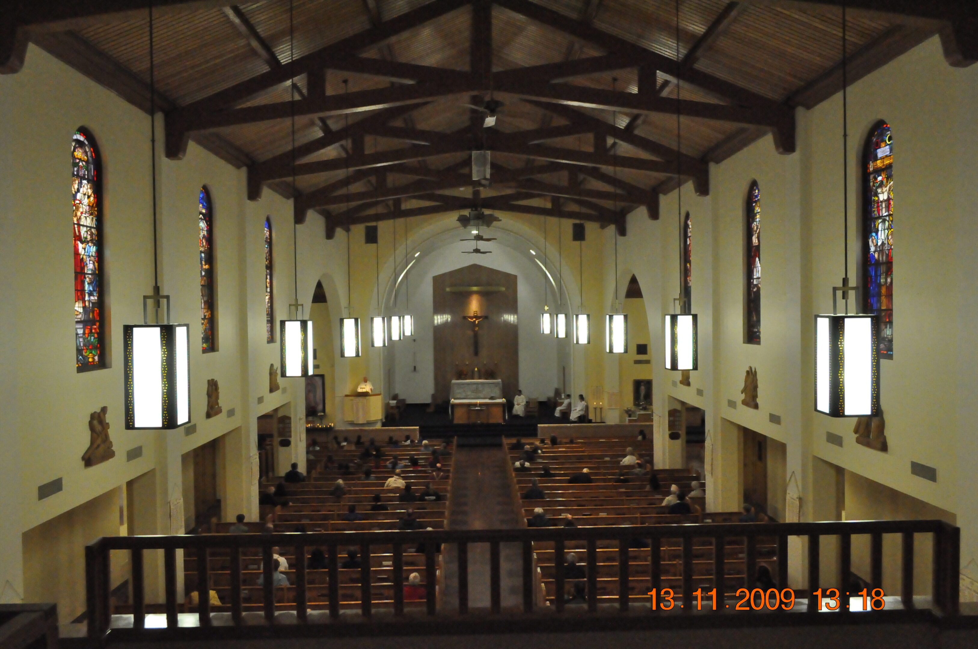 Church interior with wooden pews and altar