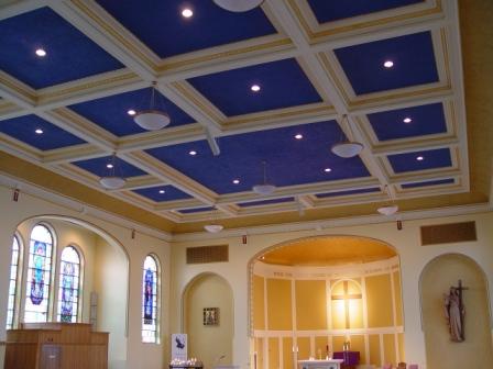 Interior of church with blue coffered ceiling