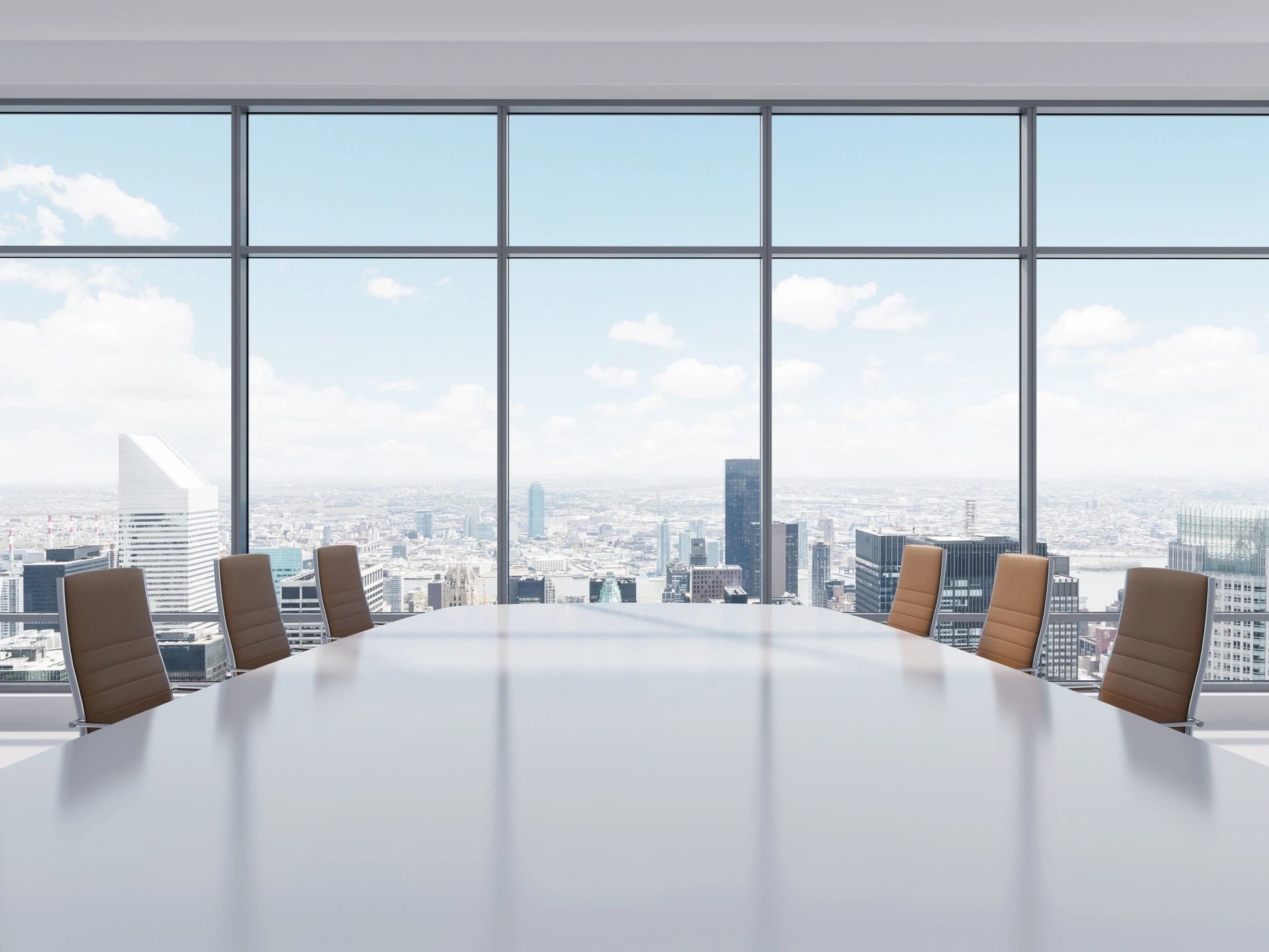 Sleek conference room with city skyline view