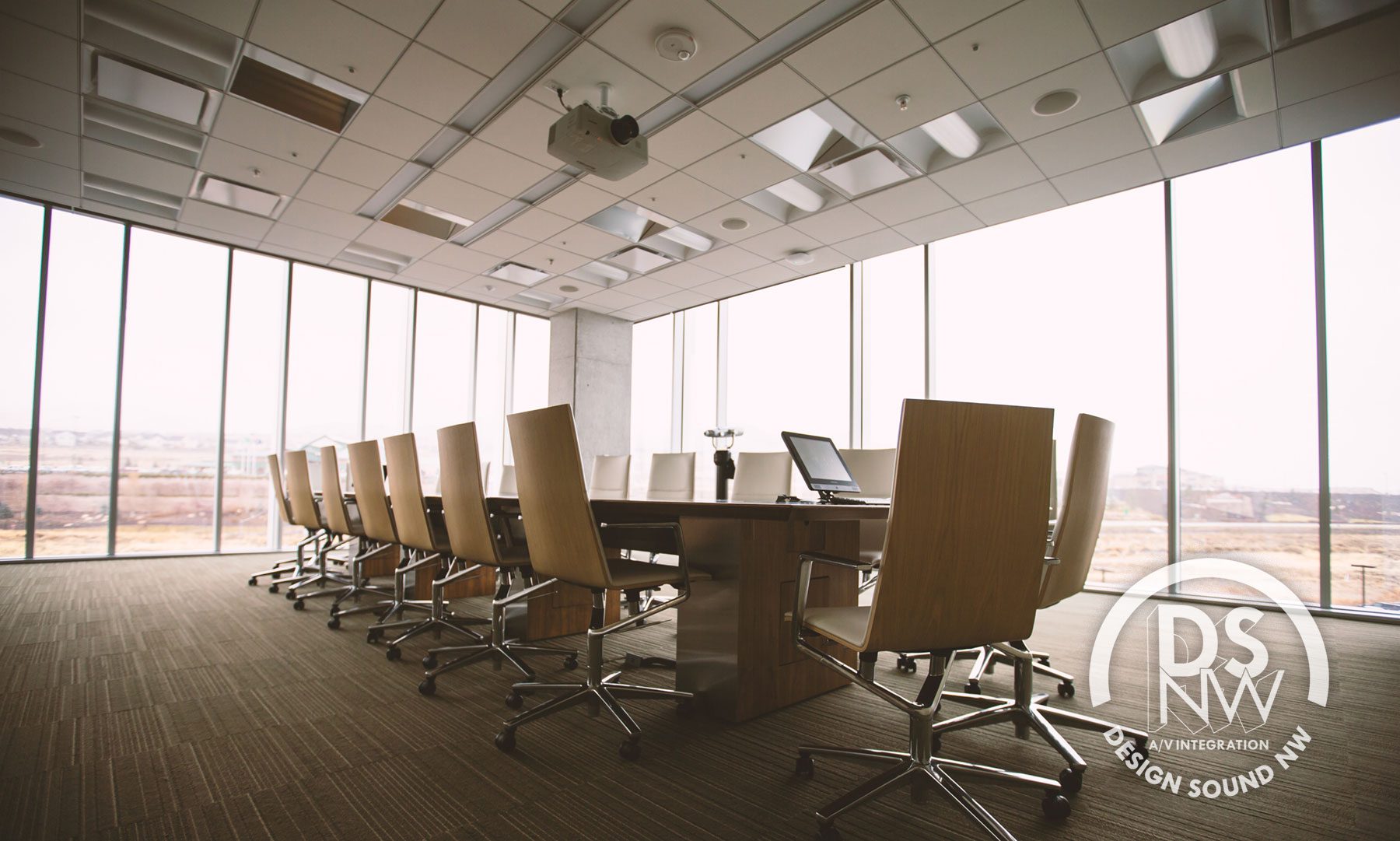 Modern empty conference room with city view